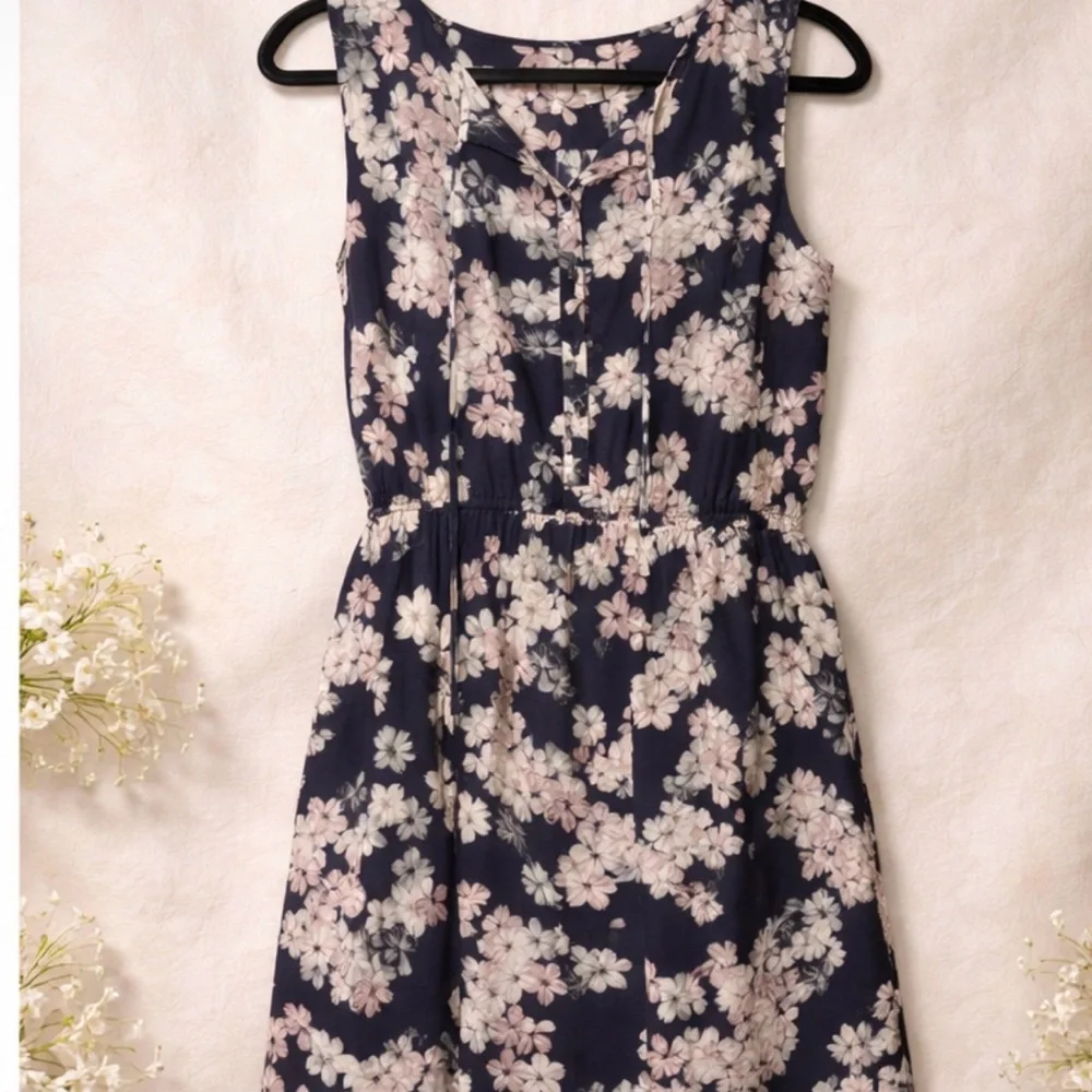 Loft - Navy Floral Sleeveless Midi Dress with Pink Blossoms - Picture 1 of 2